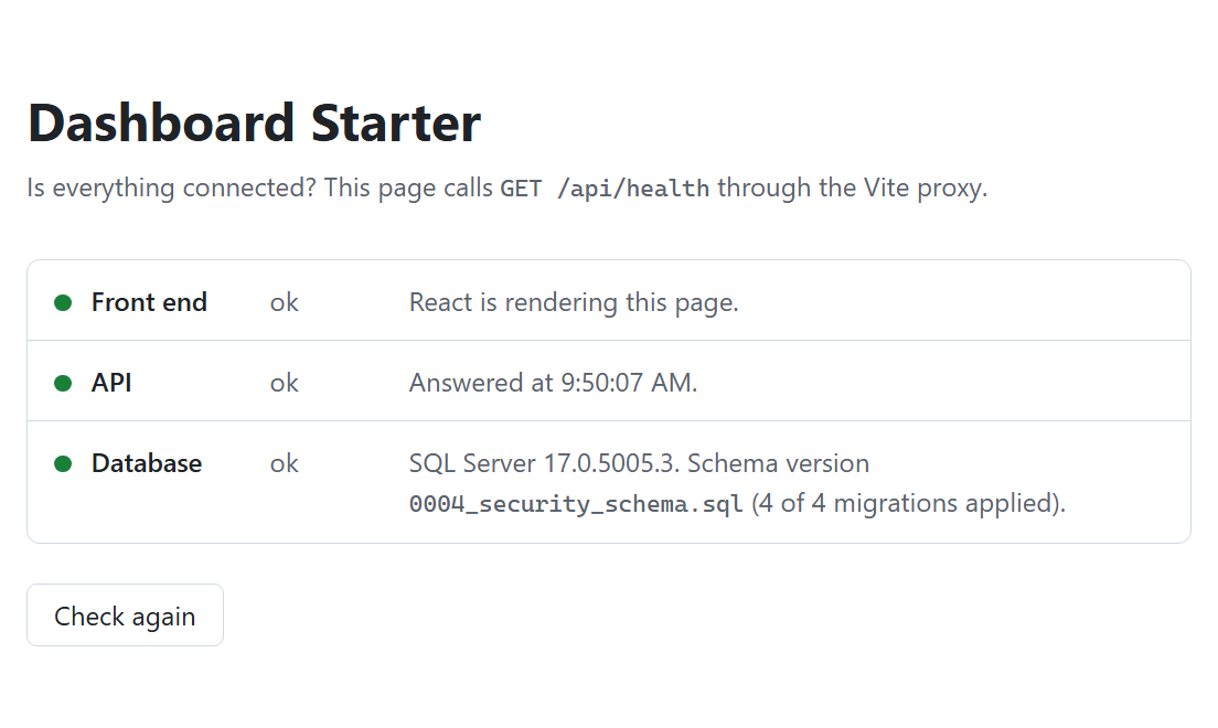 The Dashboard Starter health page with three green checks: Front end ok, React is rendering this page. API ok, answered at 9:50:07 AM. Database ok, SQL Server 17.0.5005.3, schema version 0004_security_schema.sql, 4 of 4 migrations applied.